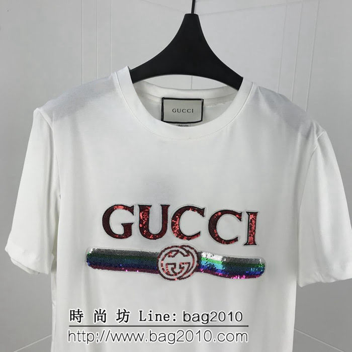 GUCCI古馳 19ss早春新款 燙金亮片LOGO 雙股絲光棉 白色短袖 情侶款 ydi1969